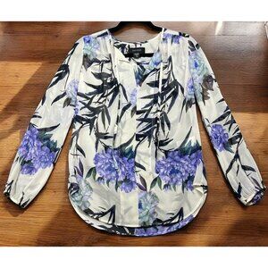 Karen Kane Blouse XS Peasant Top White Purple Blue Floral Cottagecore USA